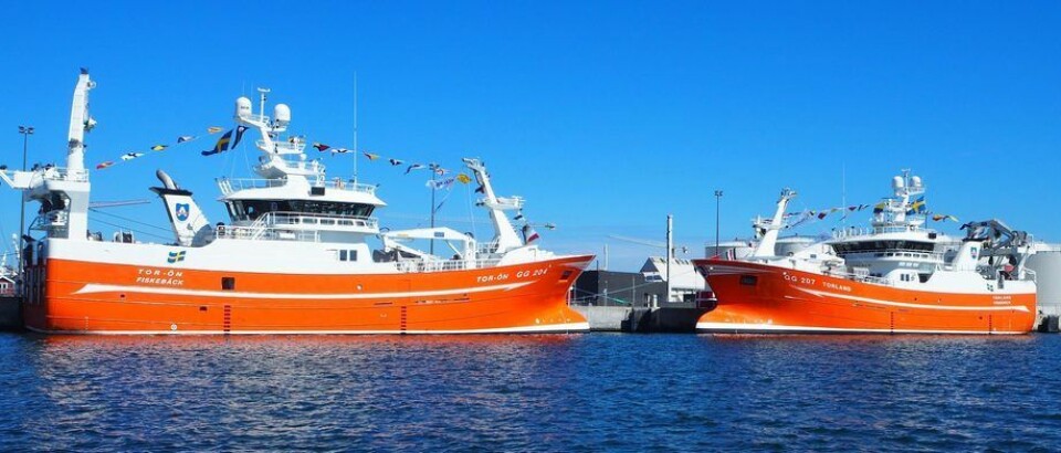 De to tvillingene «Torland» og «Tor-ön» kunne endelig døpes i slutten av juli. Foto: Karstensen Skibsværft De to tvillingene «Torland» og «Tor-ön» kunne endelig døpes i slutten av juli. Foto: Karstensen Skibsværft